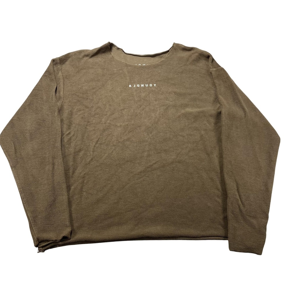 YoungLA‎ Sweater Mens Small Brown Cotton Knit Crewneck Pullover Logo Raw Hem